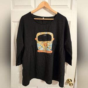 Black Top with Colorful Hippie Bus Graphic Size 2X